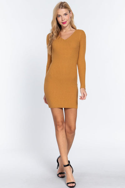 Long Slv V-neck Sweater Mini Dress - AMIClubwear