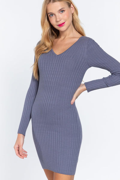 Long Slv V-neck Sweater Mini Dress - AMIClubwear