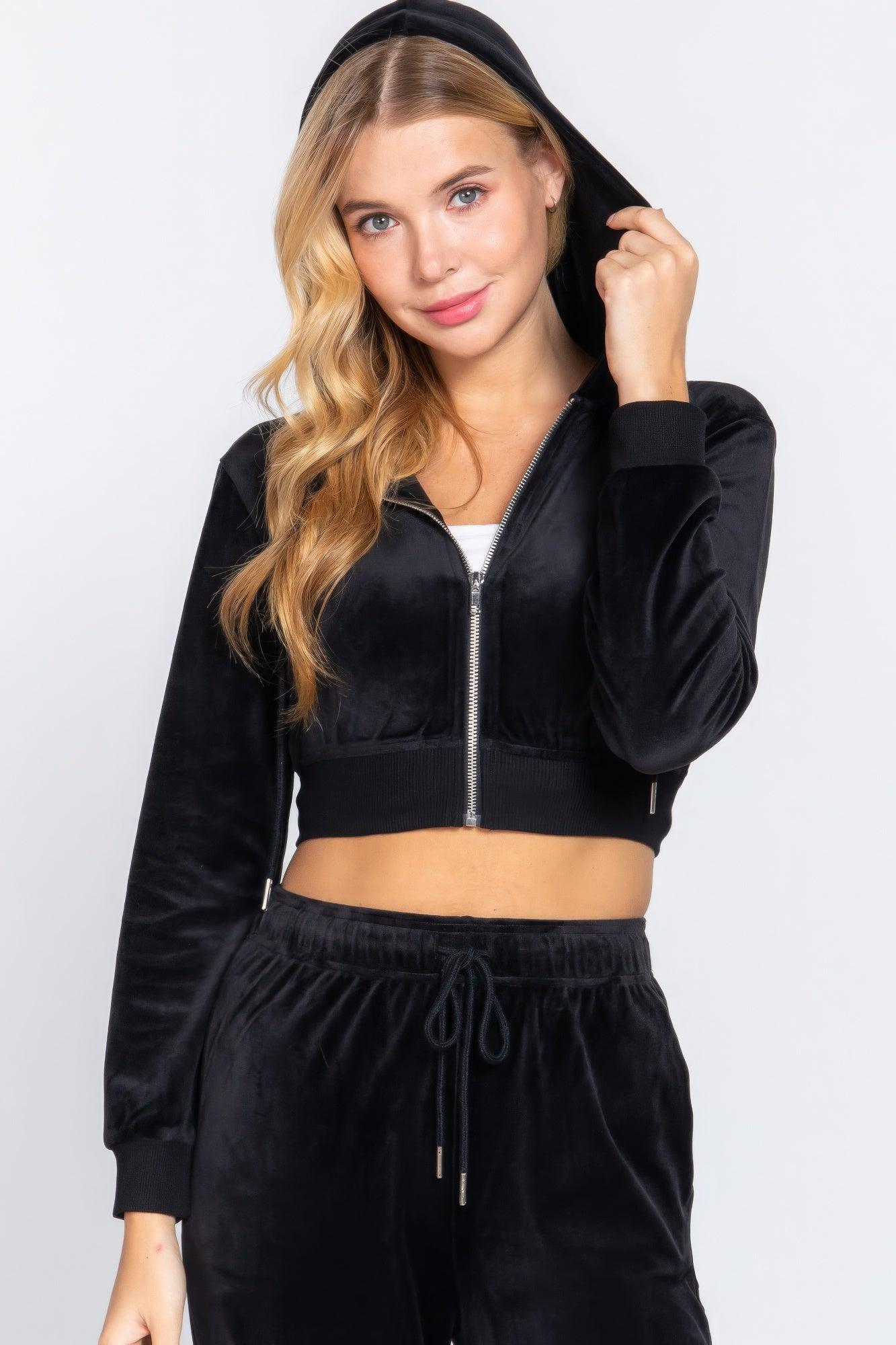 Long Slv Velour Hoodie Crop Jacket - AMIClubwear