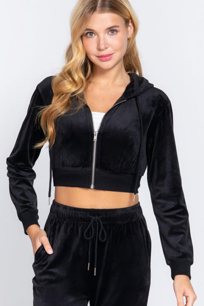 Long Slv Velour Hoodie Crop Jacket - AMIClubwear