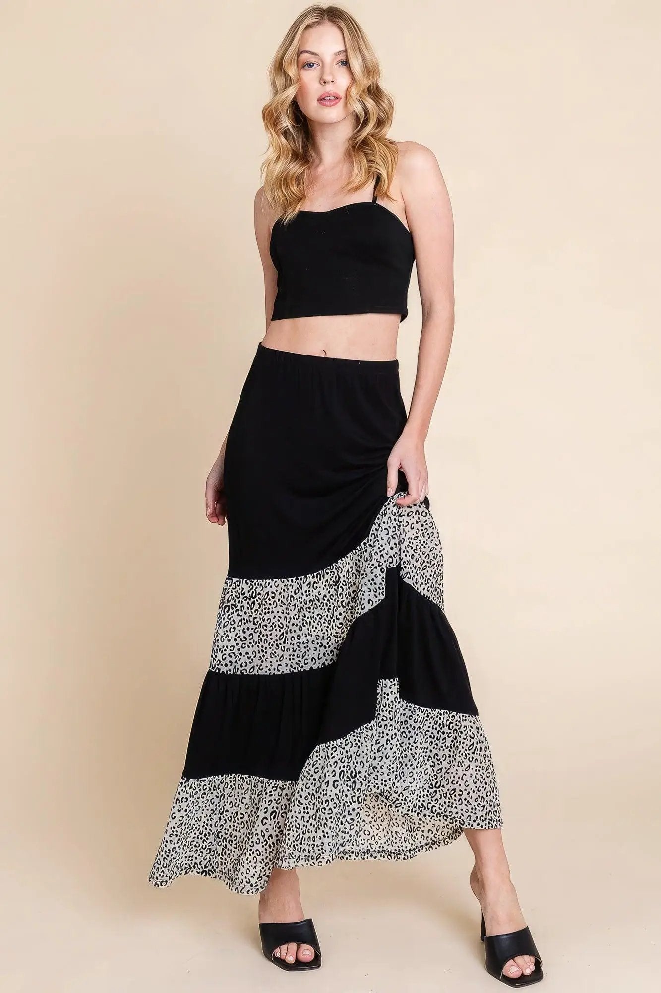 Long Tiered Contrast Fashion Skirt With Velvet Animal Print Mesh