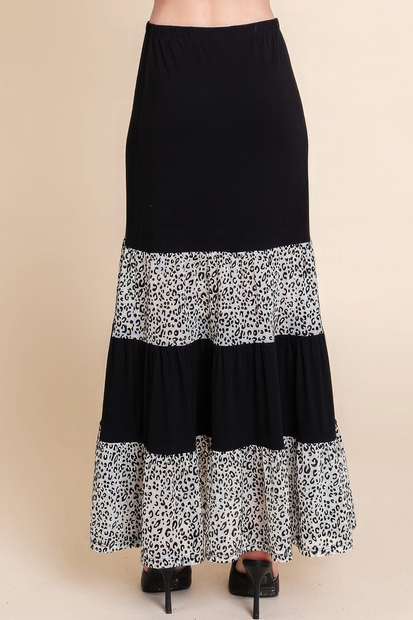 Long Tiered Contrast Fashion Skirt With Velvet Animal Print Mesh - AMIClubwear