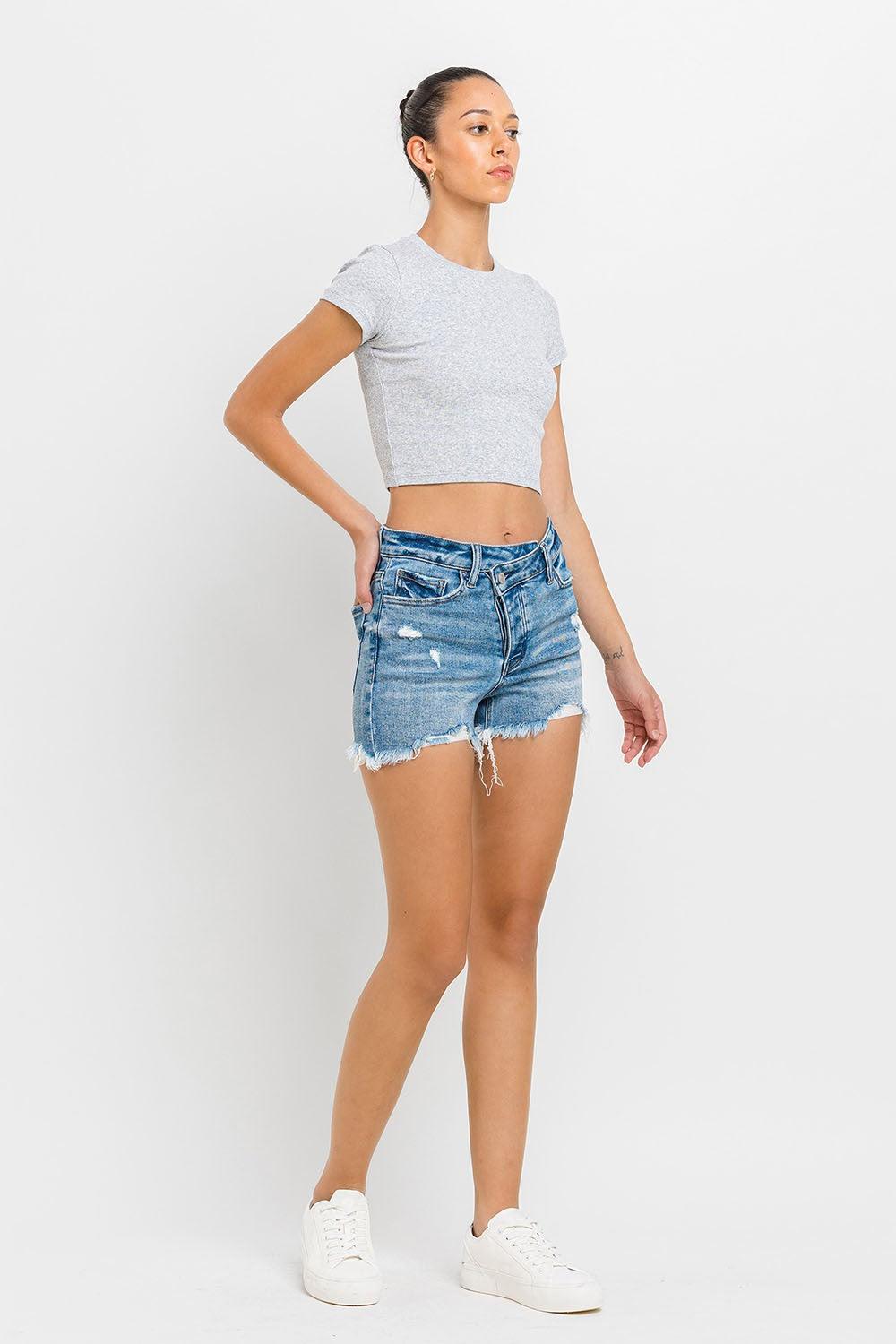 Lovervet Stepped Waist Raw Hem Denim Shorts - AMIClubwear