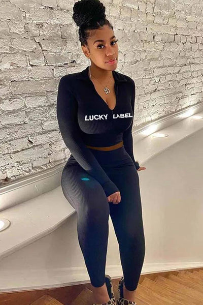 Black Long Sleeve Ribbed Two Piece Outfit - AMIClubwear