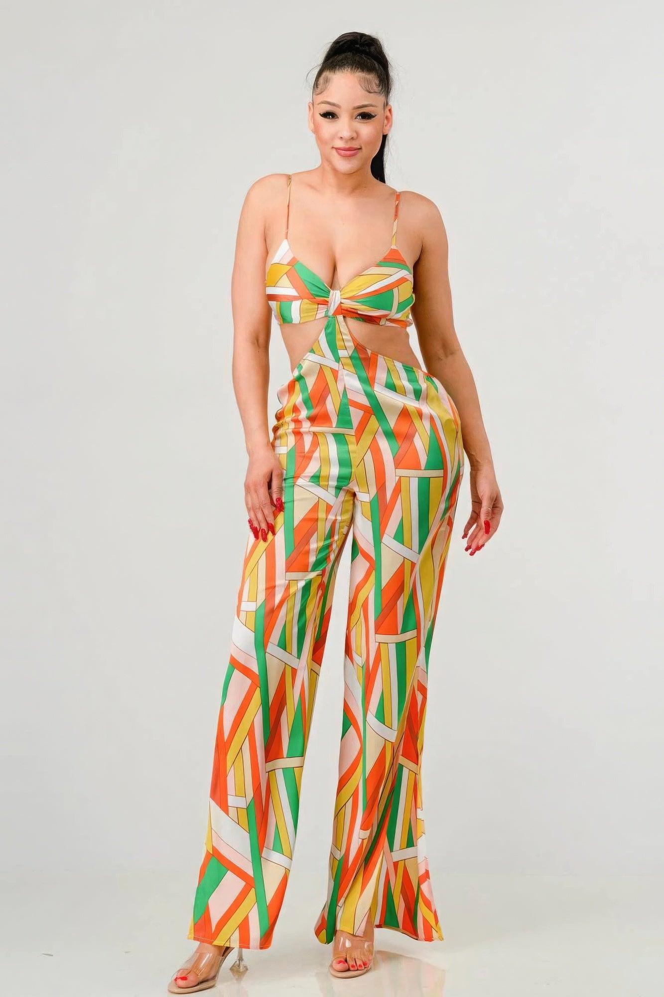 Luxe geo print satin bra top and palazzo jumpsuit - AMIClubwear