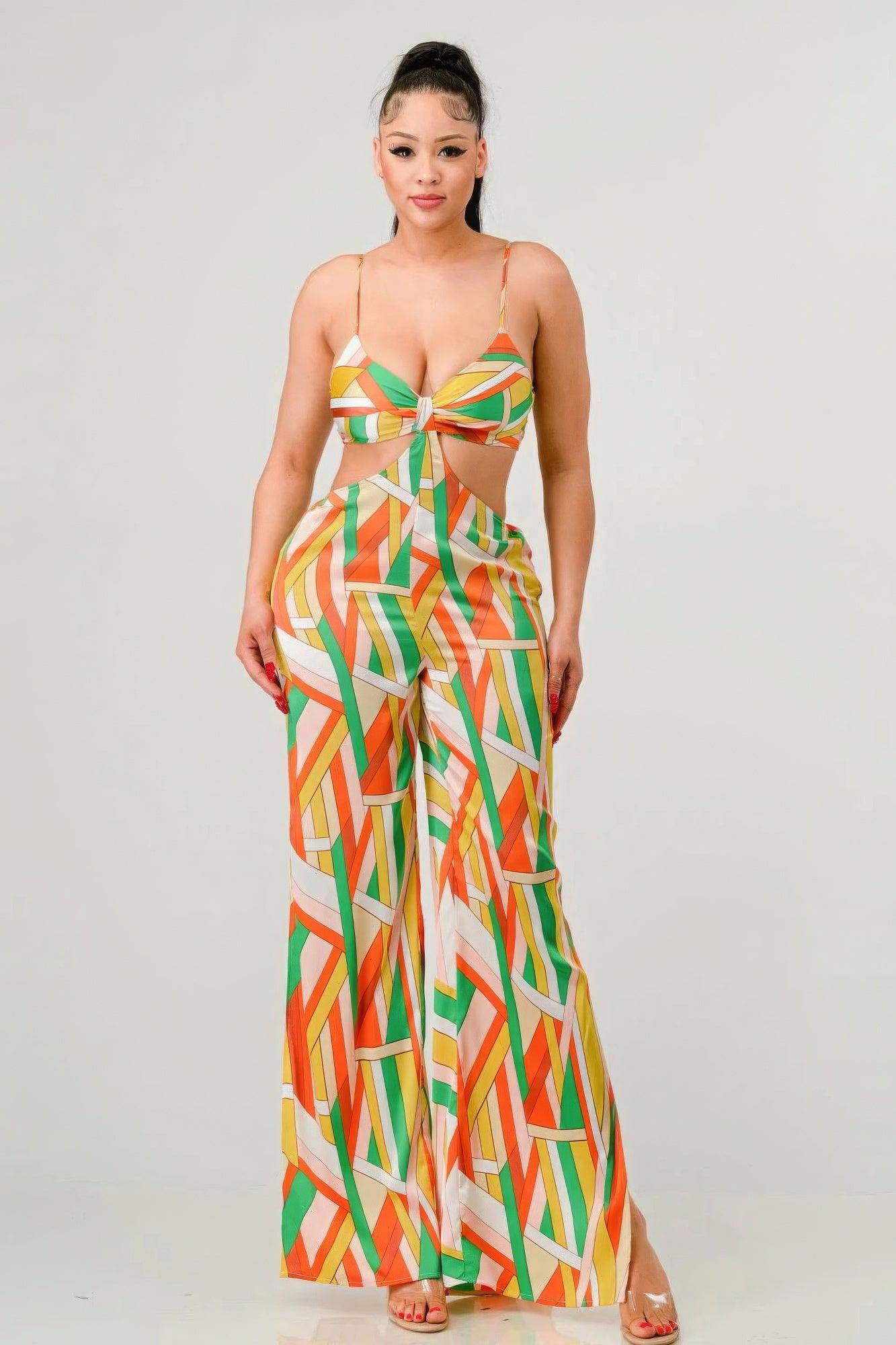 Luxe geo print satin bra top and palazzo jumpsuit - AMIClubwear