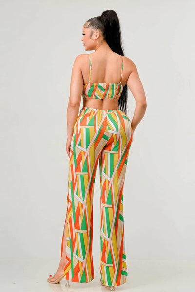 Luxe geo print satin bra top and palazzo jumpsuit - AMIClubwear