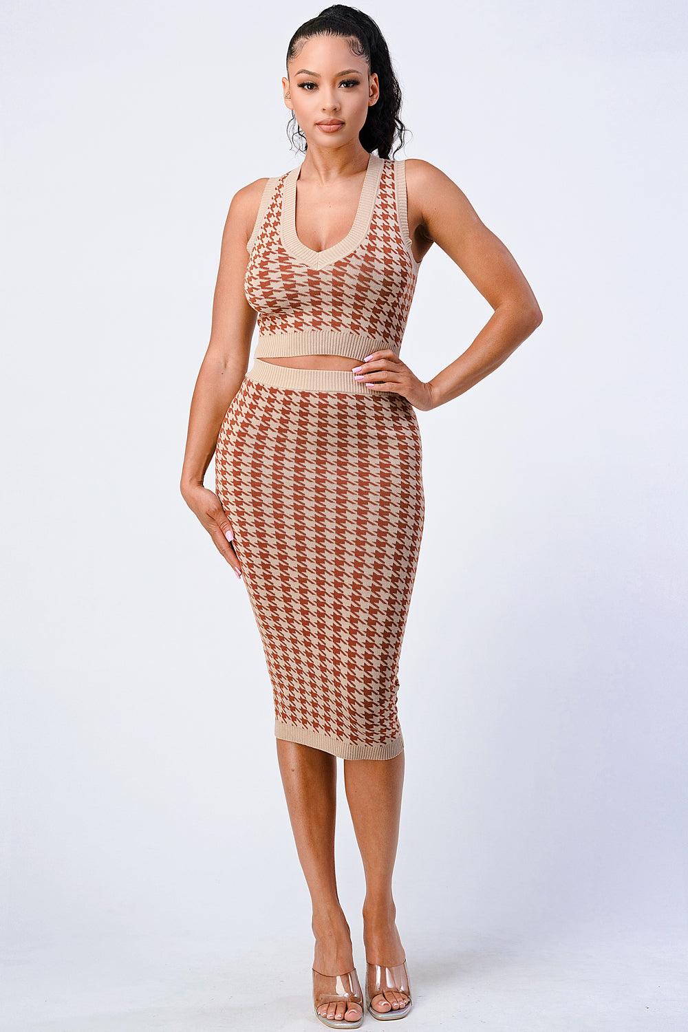 Luxe Gingham Rib Knit Top And Skirt Sets - AMIClubwear