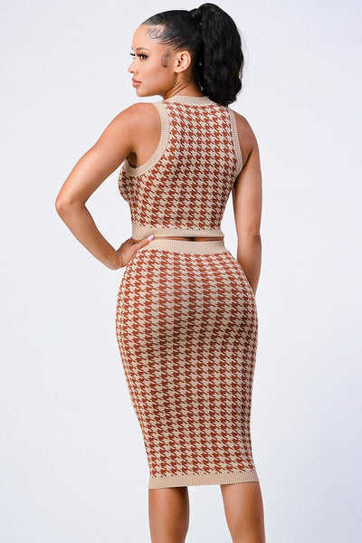 Luxe Gingham Rib Knit Top And Skirt Sets - AMIClubwear