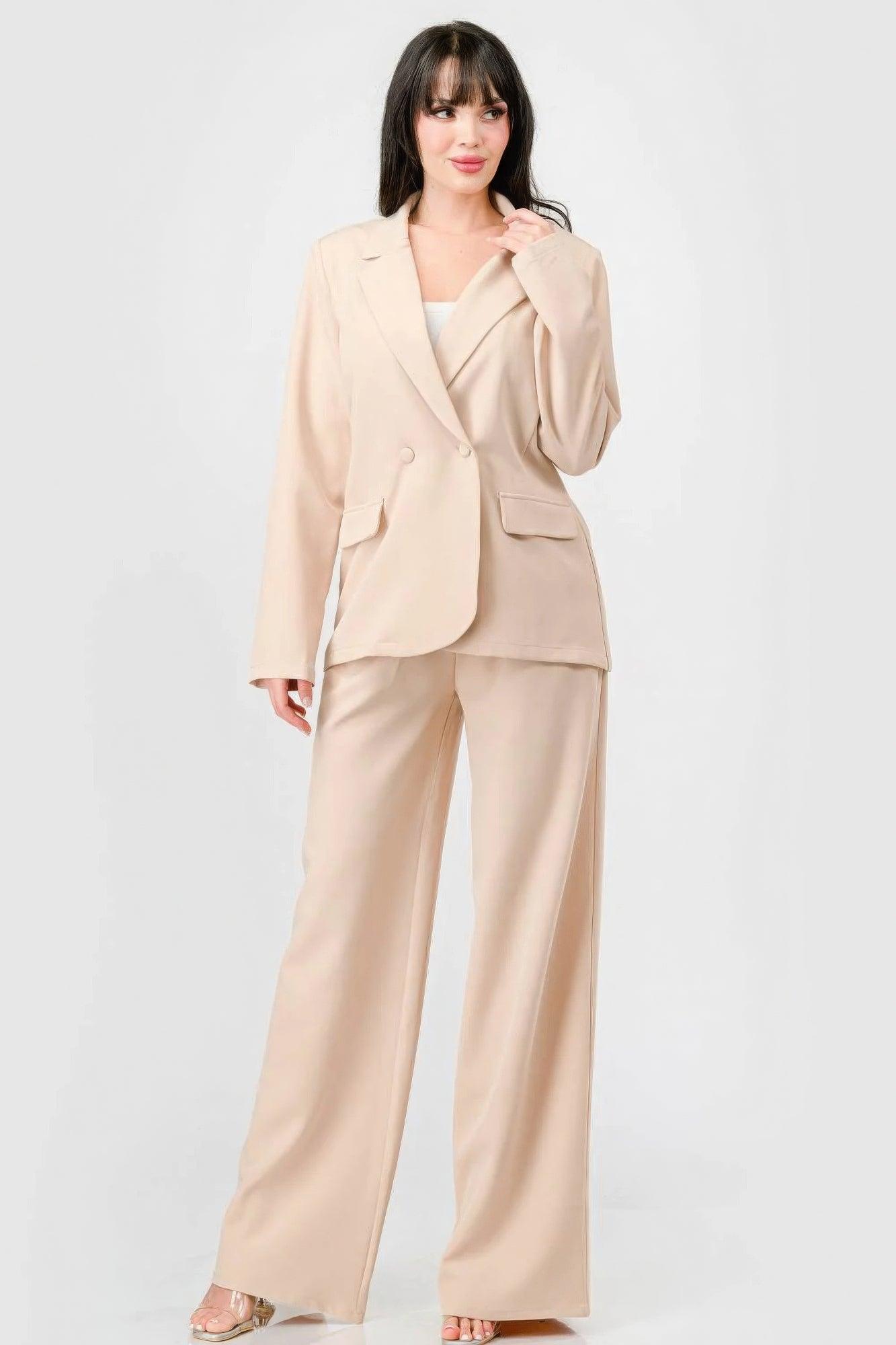 Luxe Stretch Woven Loose Fit Blazer And Wide Legs Pants Semi Formal Set - AMIClubwear