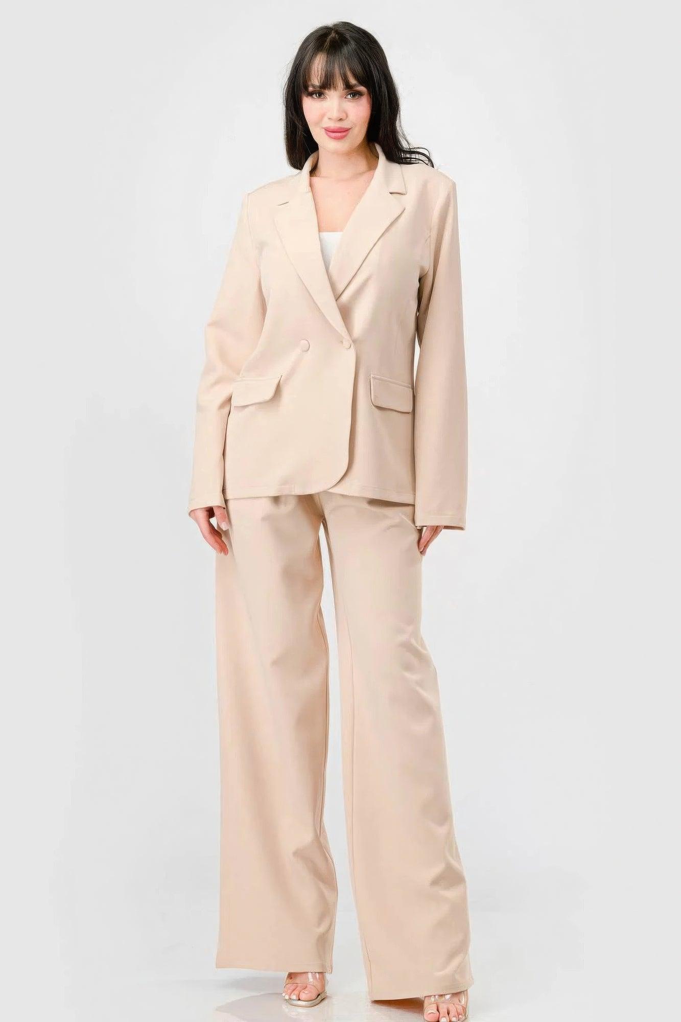 Luxe Stretch Woven Loose Fit Blazer And Wide Legs Pants Semi Formal Set - AMIClubwear