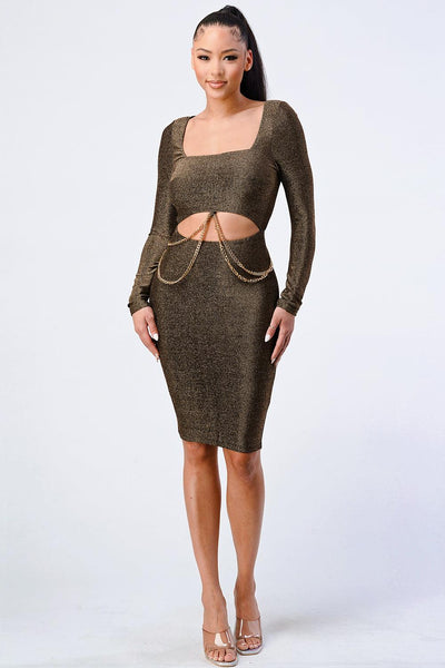 Luxe Waist Gold Chain Cut-out Detail Square Neck Glitter Bodycon Dress - AMIClubwear