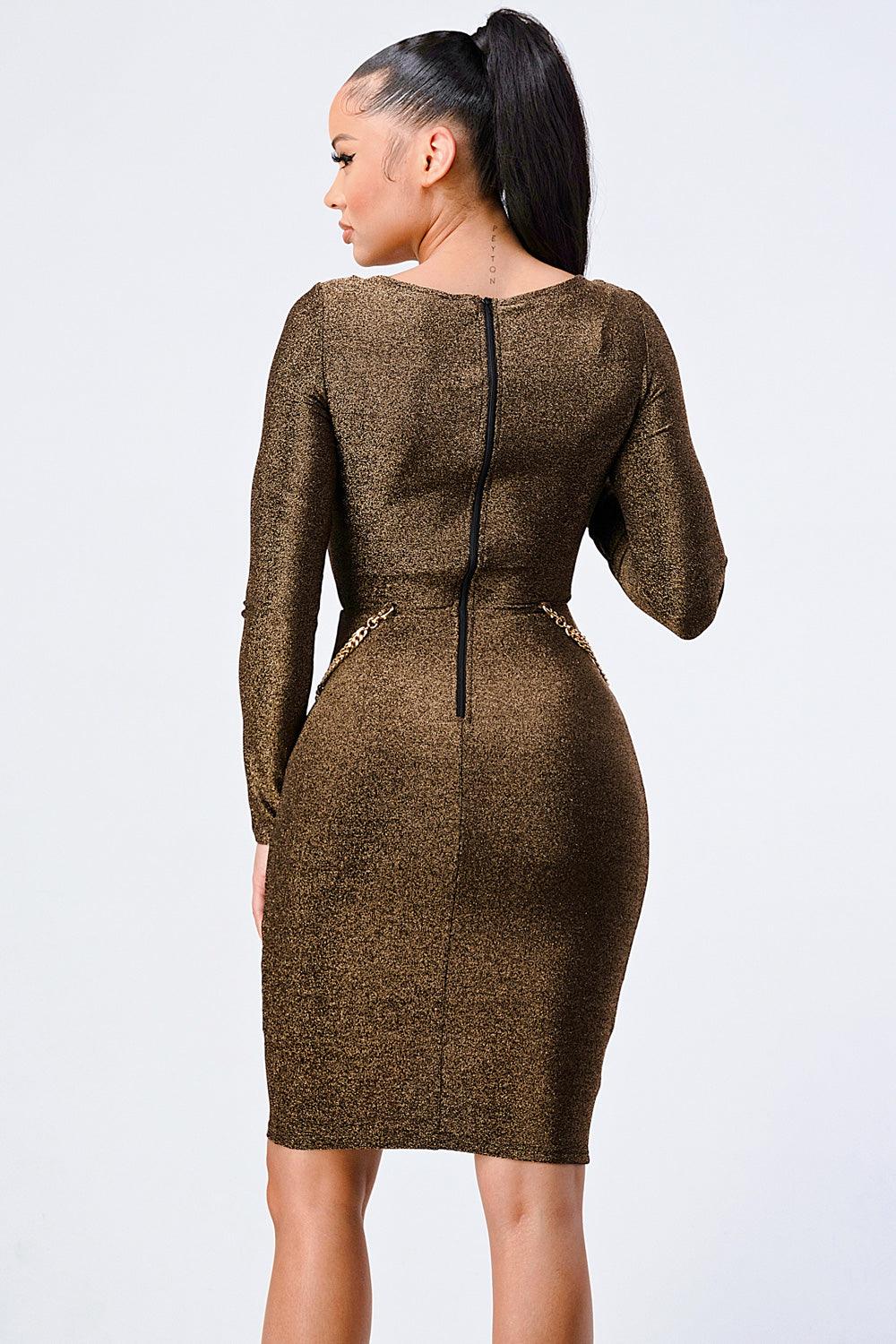 Luxe Waist Gold Chain Cut-out Detail Square Neck Glitter Bodycon Dress - AMIClubwear