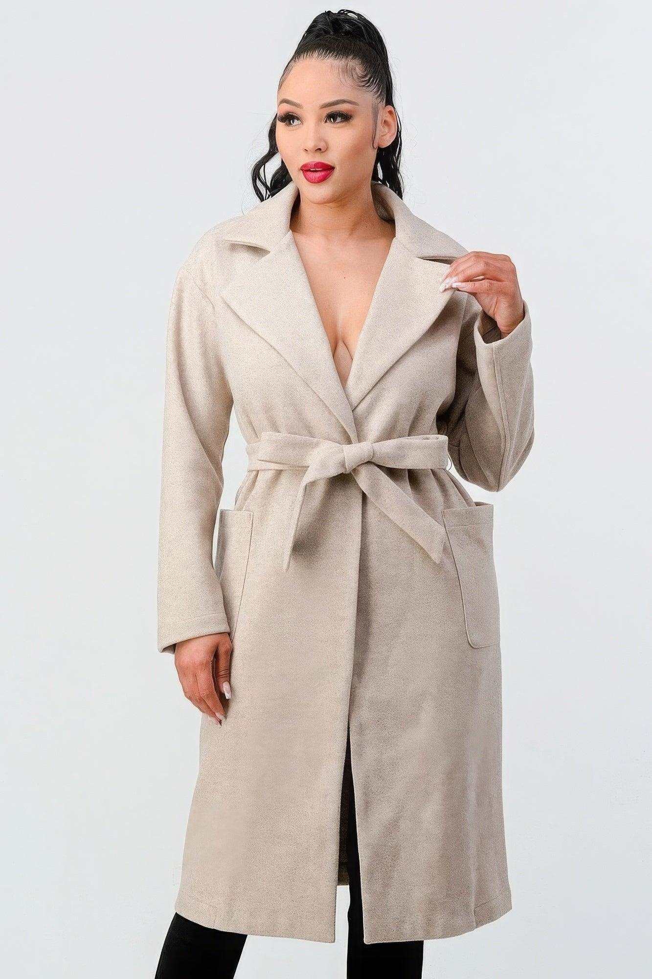 Luxe Wool Waist Tie Side Pockets Midi Length Coat - AMIClubwear