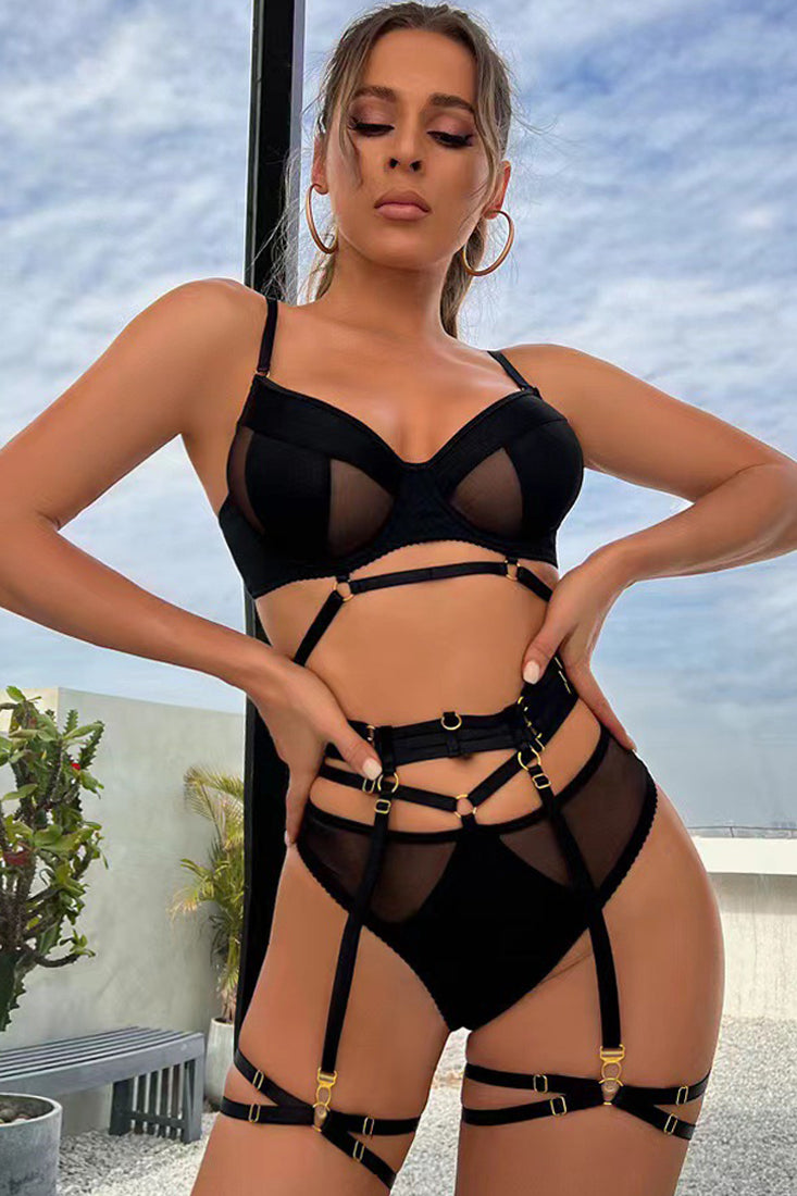 Black Mesh Cut-Out Bandage Garter Belt Thong Sexy 5Pc Lingerie Set AMIClubwear Black Mesh Cut-Out Bandage Garter Belt Thong Sexy 5Pc Lingerie Set AMIClubwear
