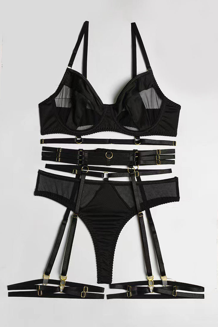 Black Mesh Cut-Out Bandage Garter Belt Thong Sexy 5Pc Lingerie Set   AMIClubwear
