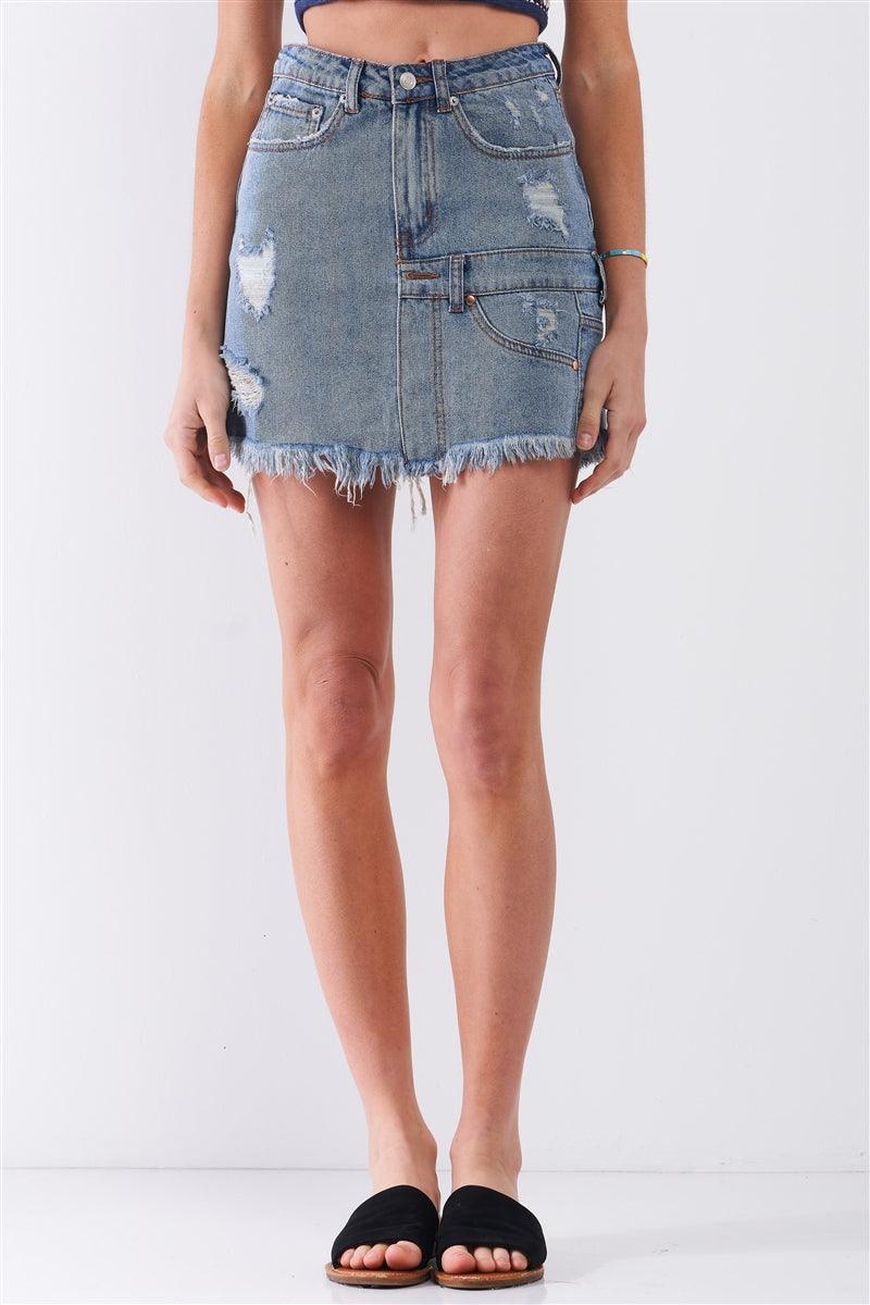 Medium Blue Denim High-waist Distressed Effect Asymmetrical Trim Raw Hem Detail Mini Skirt - AMIClubwear