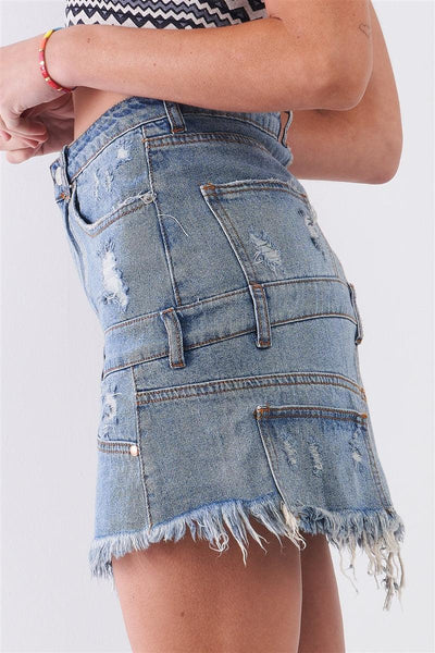Medium Blue Denim High-waist Distressed Effect Asymmetrical Trim Raw Hem Detail Mini Skirt - AMIClubwear