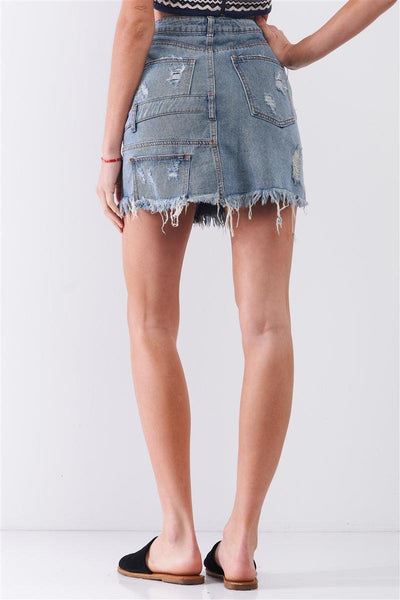 Medium Blue Denim High-waist Distressed Effect Asymmetrical Trim Raw Hem Detail Mini Skirt - AMIClubwear