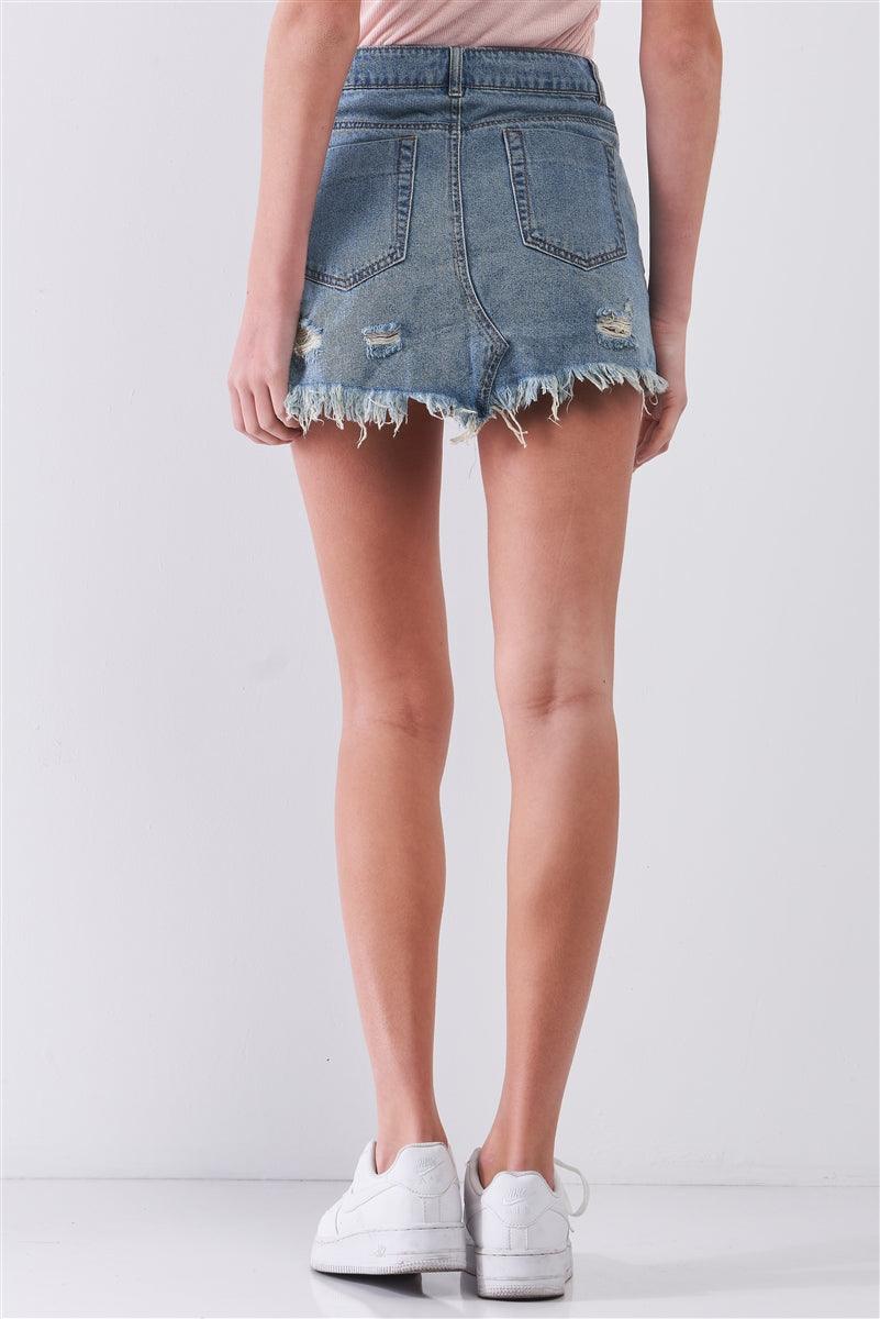 Medium Blue Washed Denim Ripped High Waist Raw Hem Detail Mini Skirt - AMIClubwear
