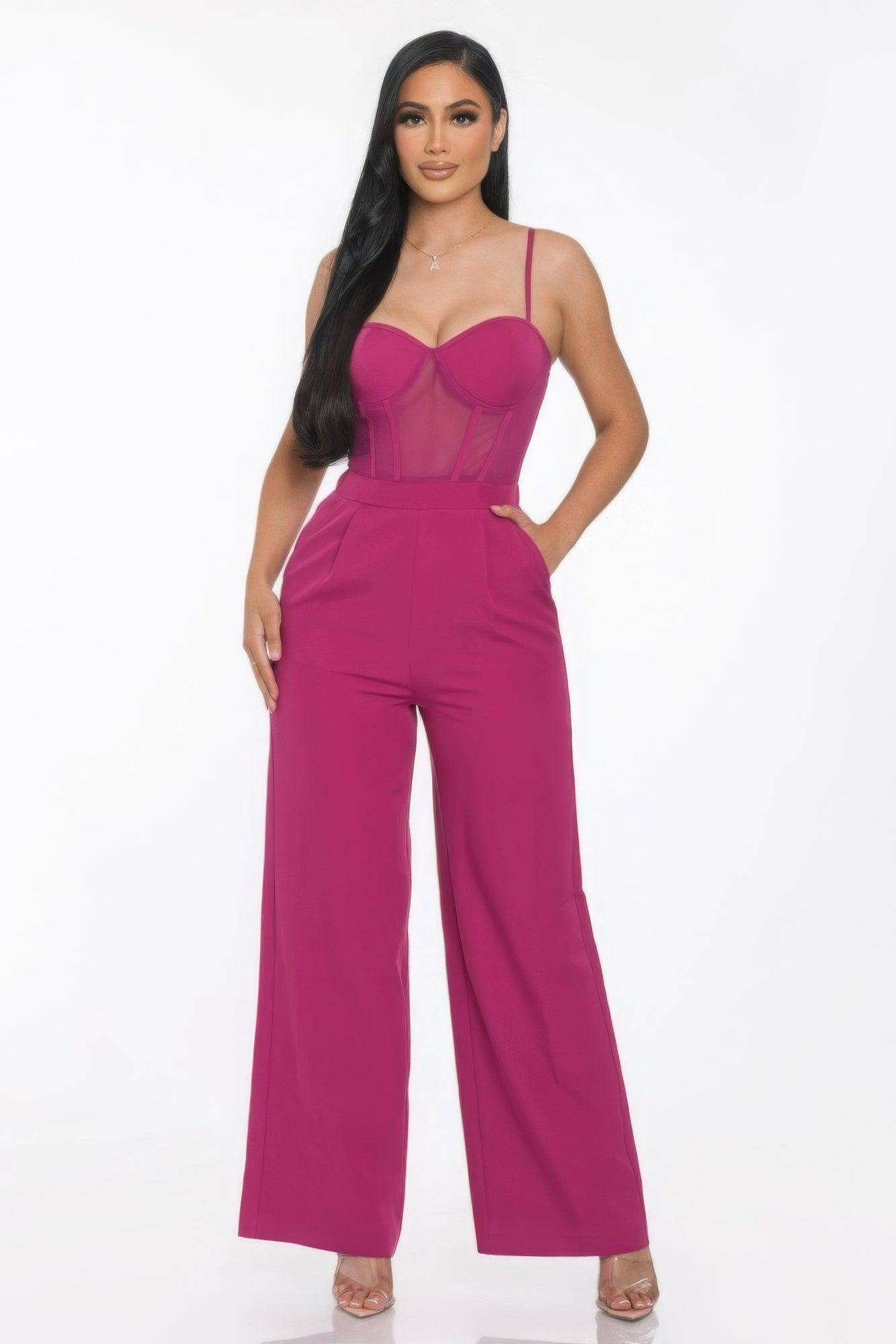 Mesh Insert Cup Wide Leg Jumpsuit - AMIClubwear