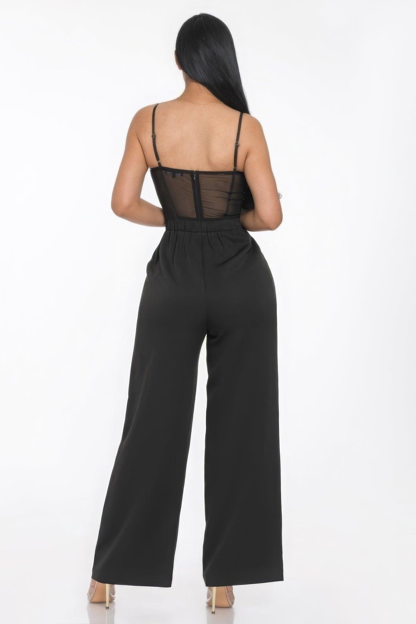 Mesh Insert Cup Wide Leg Jumpsuit - AMIClubwear