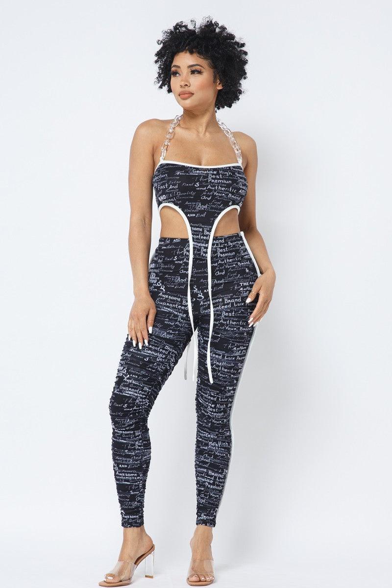 Mesh Print Crop Top With Plastic Chain Halter Neck With Matching Leggings - AMIClubwear
