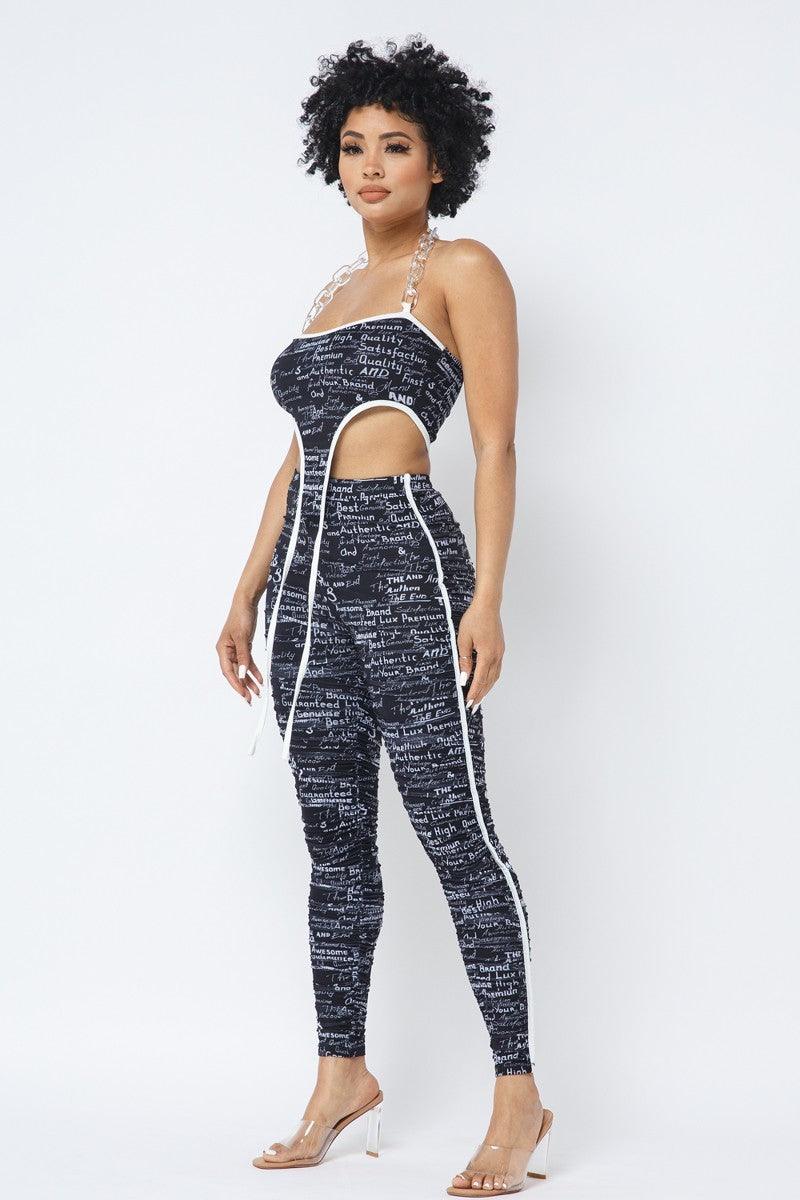 Mesh Print Crop Top With Plastic Chain Halter Neck With Matching Leggings - AMIClubwear