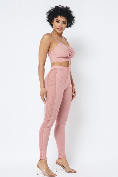 Mesh Strappy Adjustable Ruched Crop Top With Matching See Through Side Panel Leggings - AMIClubwear