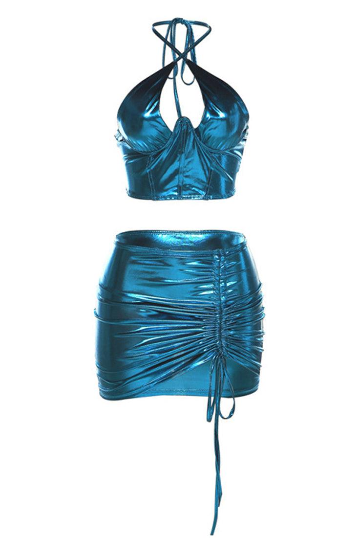 Metallic Blue Wired Halter Top Ruched Skirt 2Pc Dress - AMIClubwear