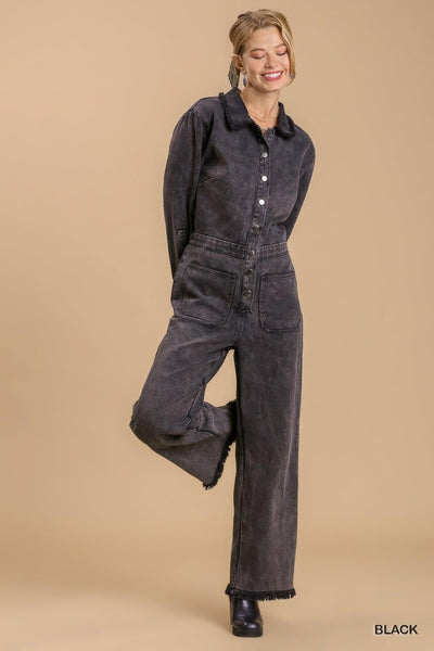 Mid button down stone wash wide leg distressed jumpsuit & side pockets with no lining - AMIClubwear