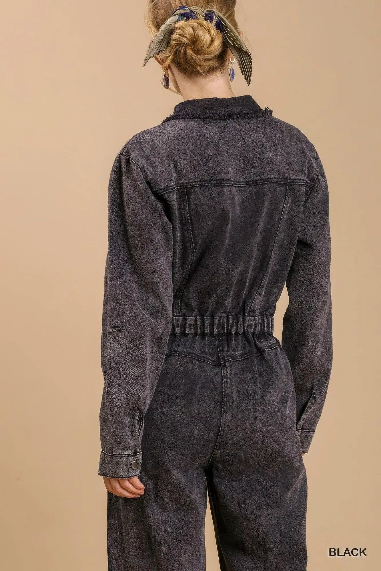 Mid button down stone wash wide leg distressed jumpsuit & side pockets with no lining