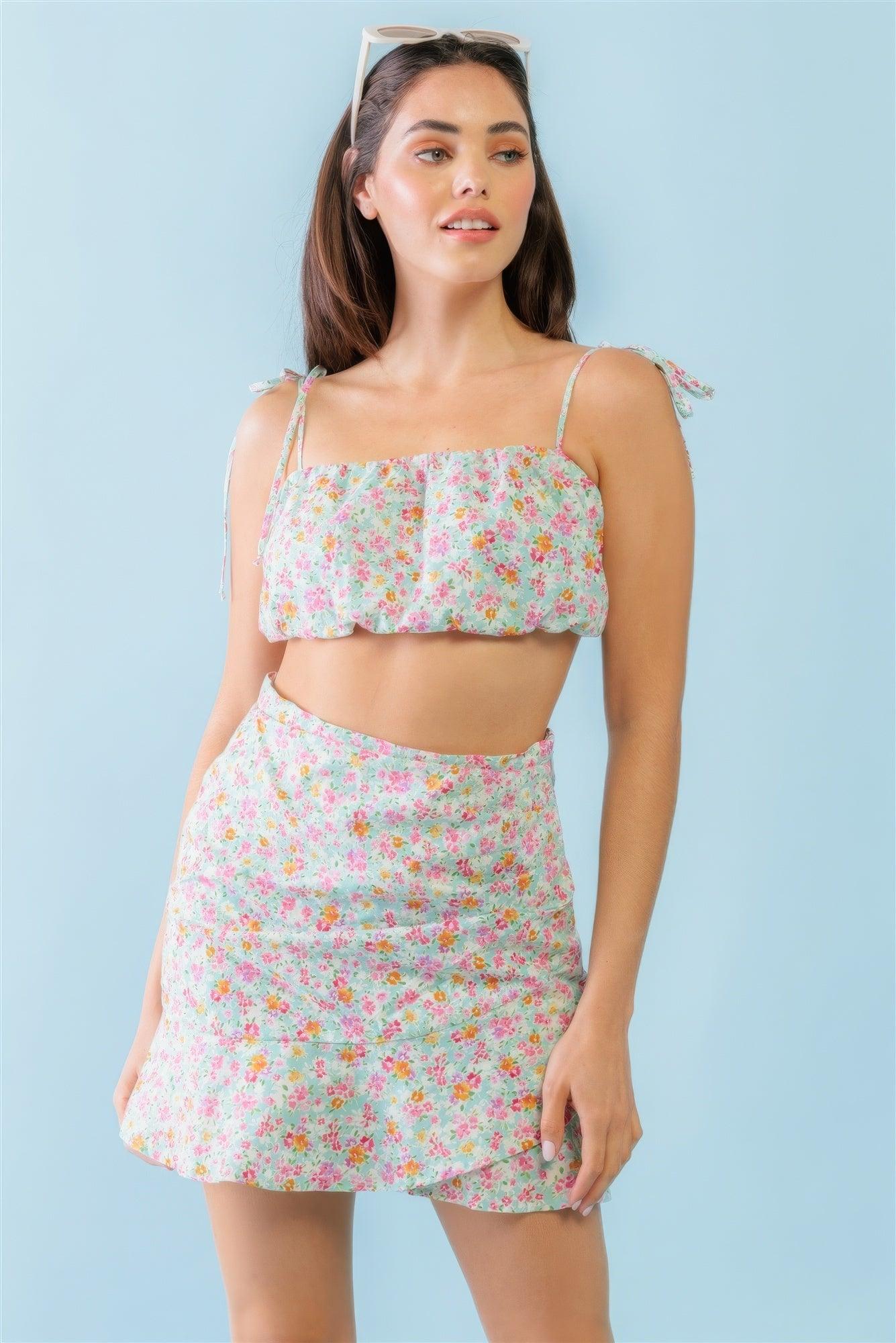 Mint Fuchsia Print Cotton Sleeveless Strappy Crop Top & High Waist Wrap Hem Mini Skirt Set - AMIClubwear