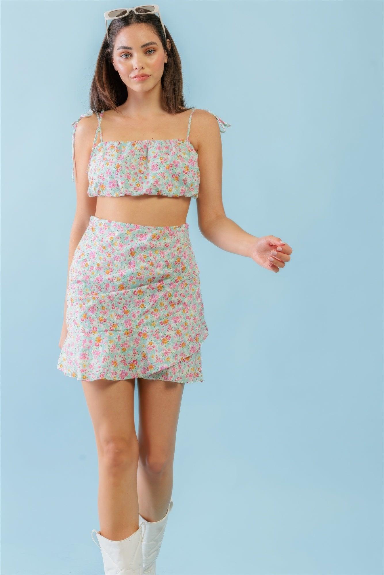 Mint Fuchsia Print Cotton Sleeveless Strappy Crop Top & High Waist Wrap Hem Mini Skirt Set - AMIClubwear