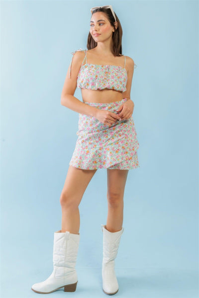 Mint Fuchsia Print Cotton Sleeveless Strappy Crop Top & High Waist Wrap Hem Mini Skirt Set - AMIClubwear