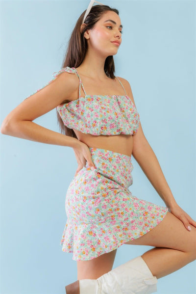 Mint Fuchsia Print Cotton Sleeveless Strappy Crop Top & High Waist Wrap Hem Mini Skirt Set - AMIClubwear