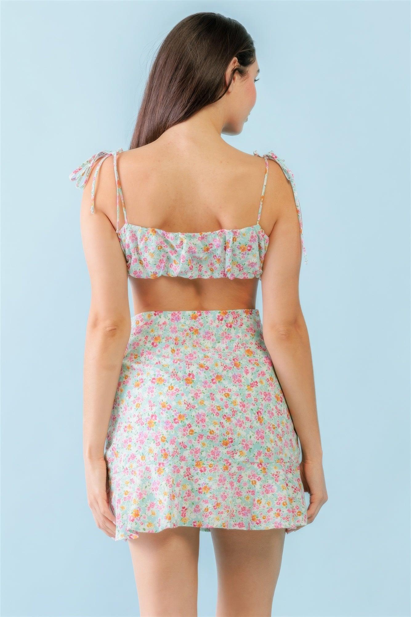 Mint Fuchsia Print Cotton Sleeveless Strappy Crop Top & High Waist Wrap Hem Mini Skirt Set - AMIClubwear