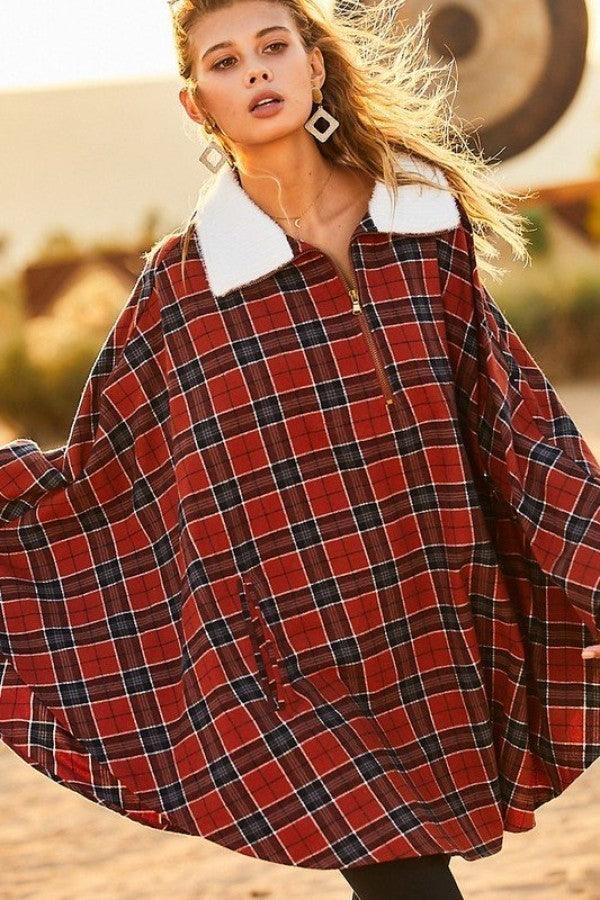 Mock Neck With Zipper Contrast Inside Front Pocket Plaid Poncho - AMIClubwear