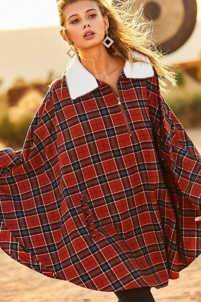 Mock Neck With Zipper Contrast Inside Front Pocket Plaid Poncho - AMIClubwear