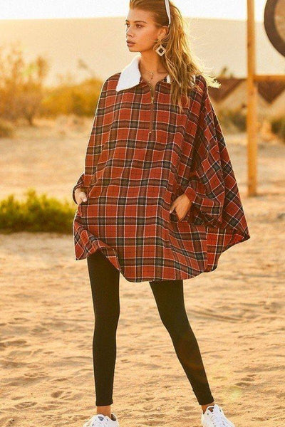 Mock Neck With Zipper Contrast Inside Front Pocket Plaid Poncho - AMIClubwear