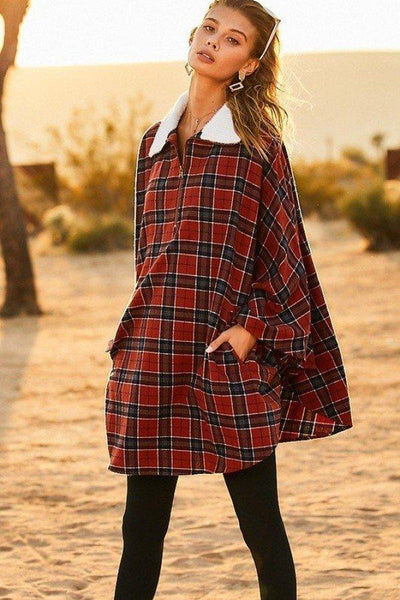 Mock Neck With Zipper Contrast Inside Front Pocket Plaid Poncho - AMIClubwear