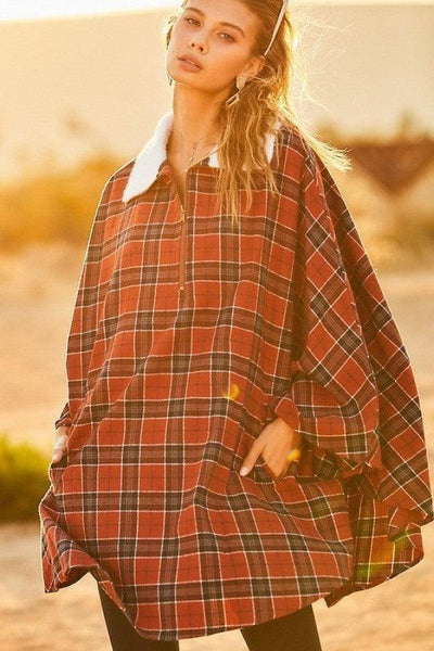 Mock Neck With Zipper Contrast Inside Front Pocket Plaid Poncho - AMIClubwear