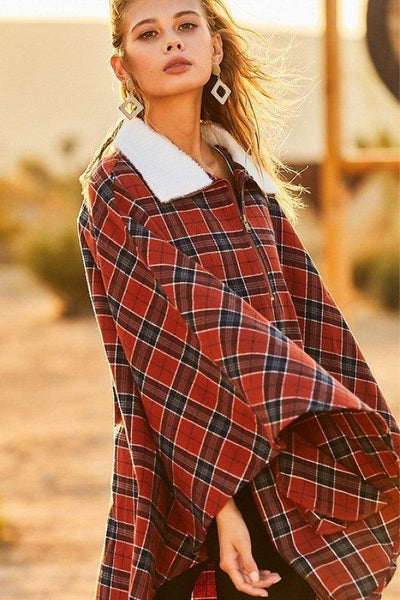 Mock Neck With Zipper Contrast Inside Front Pocket Plaid Poncho - AMIClubwear