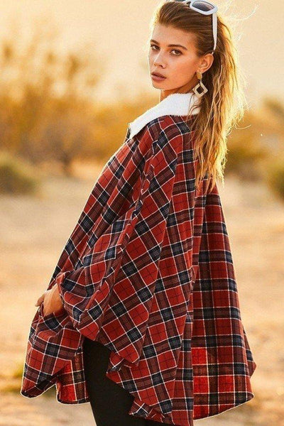 Mock Neck With Zipper Contrast Inside Front Pocket Plaid Poncho - AMIClubwear