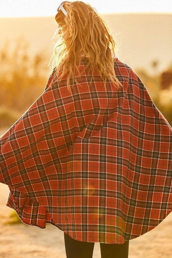 Mock Neck With Zipper Contrast Inside Front Pocket Plaid Poncho - AMIClubwear