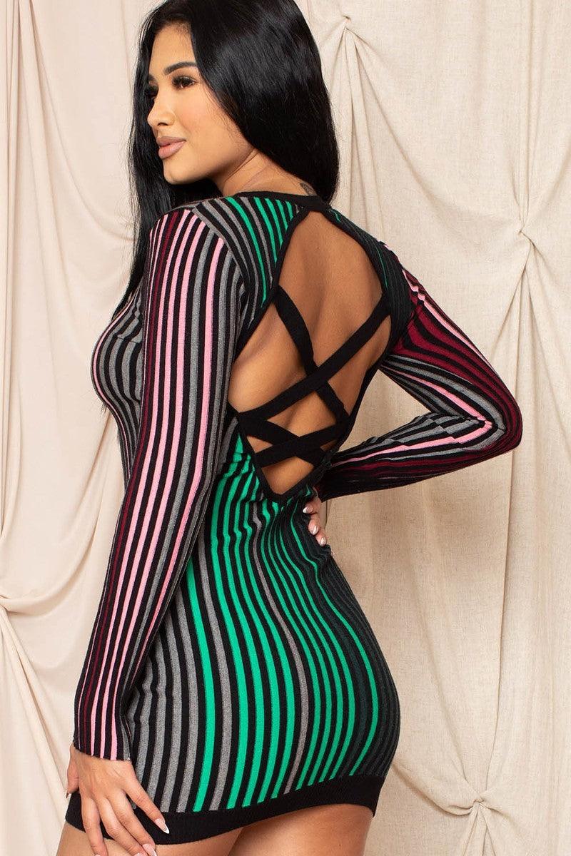 Multi-color Striped Ribbed Dress - AMIClubwear
