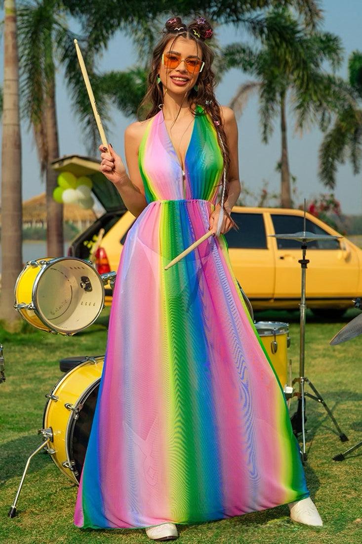 Multi Rainbow Mesh Sheer Halter Sexy Maxi Cover-Up Dress - AMIClubwear