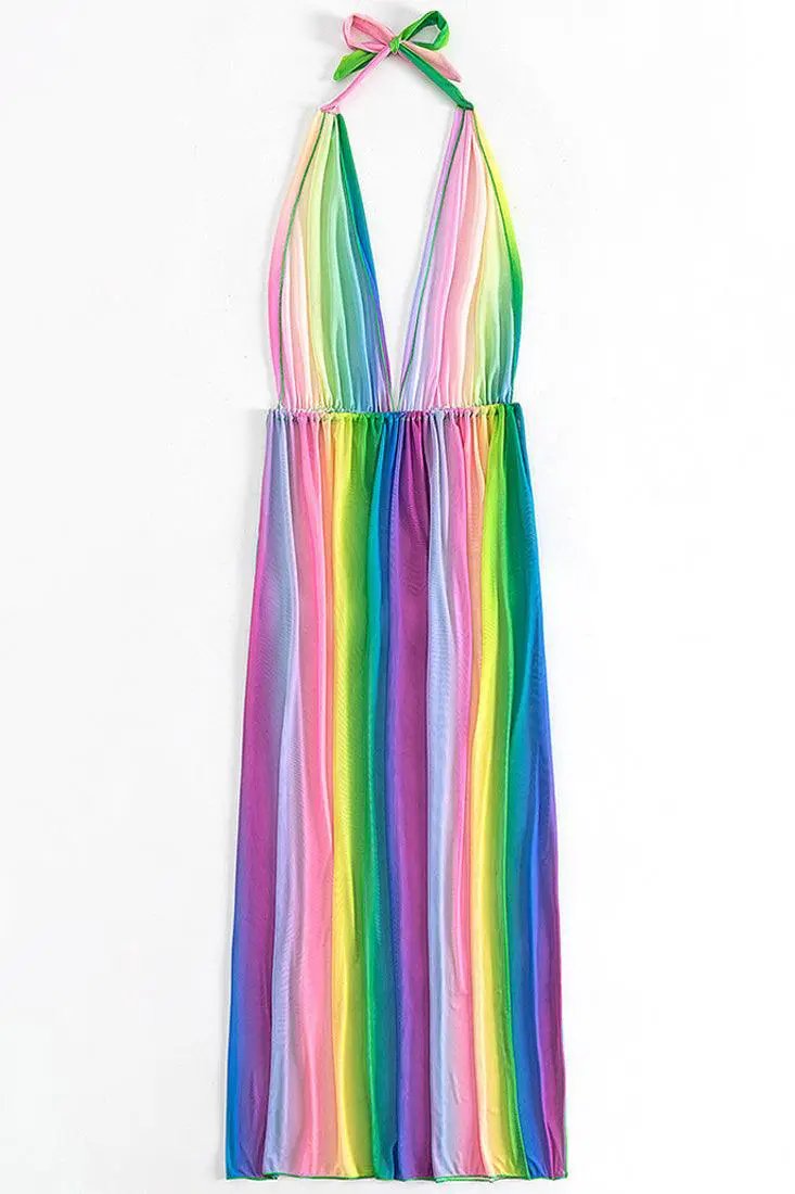 Multi Rainbow Mesh Sheer Halter Sexy Maxi Cover-Up Dress
