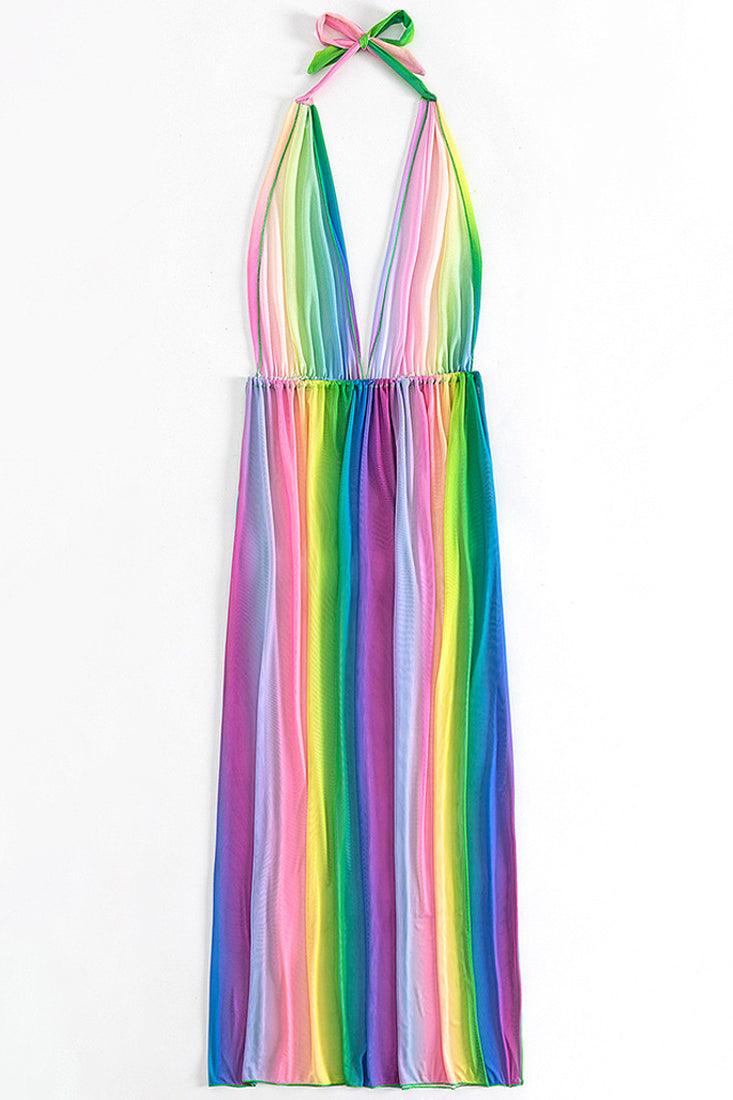 Multi Rainbow Mesh Sheer Halter Sexy Maxi Cover-Up Dress - AMIClubwear