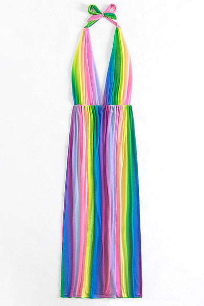 Multi Rainbow Mesh Sheer Halter Sexy Maxi Cover-Up Dress - AMIClubwear